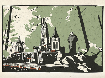 Brother Joseph 2 castle digital folk folk art illustration monk scratchboard trees