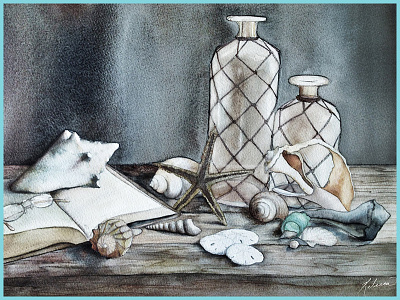 Shoreline Treasures still life study watercolor