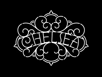 Chelsea filigree flourish lettering stencil type typography