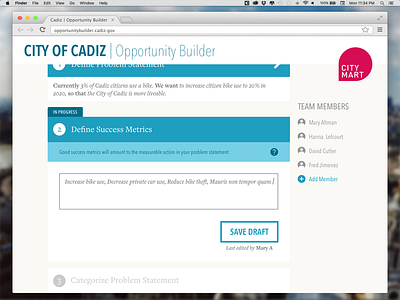 Problem Statement Metrics Editor civic tech editor interface web app