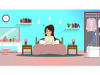 HAAD Asthma campaign - Sick Woman animation bed bedroom books character design shelfs sick thermometer woman