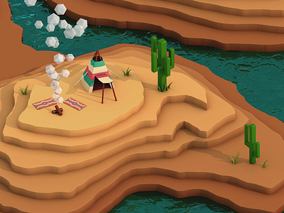 Indian scene 3d c4d cactus desert illustration indian iso isometric model montain river smoke