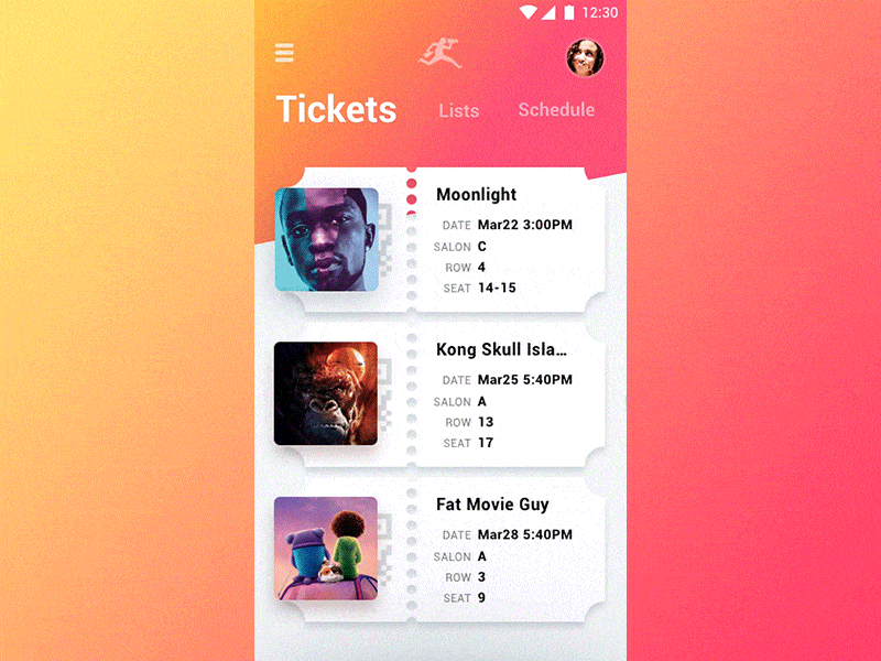 Scene Club Tickets. Interaction app cinema list material mobile movie poster principle tickets ui ux