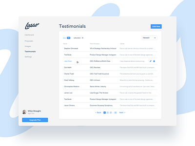 Lasso Testimonials app app design focus lab lasso list pagination proposal table ui ux