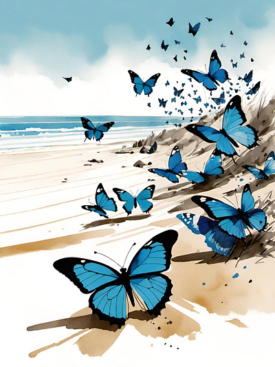 Blue butterflies by the beach. beach beaches butterflies butterfly farfalle illustration nature watercolor