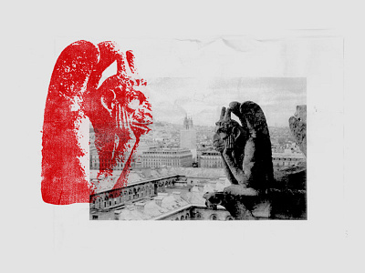 morning meditation black found art gargoyle illustration photography red stamp white xerox