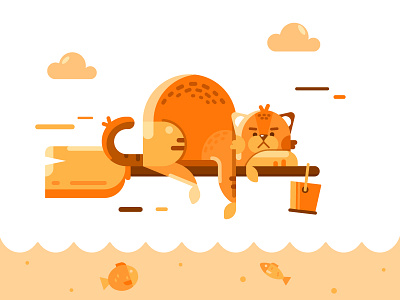 Cat 2d illustation animal character design fish water сat
