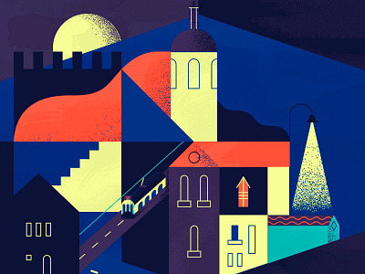 Lisbon by Night buildings castle city houses illustration lisbon moon night seven hills tram