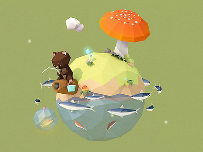 Bear animal bear c4d fish fishing forest green low poly mushroom water