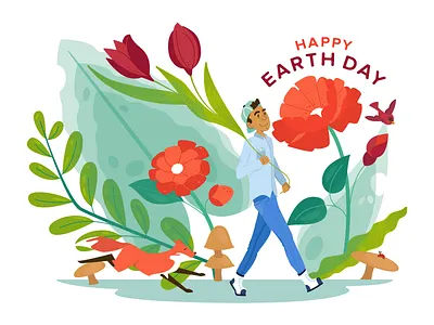 Earth Day bird boy flowers fox illustration ladybug leaves mushrooms nature walking