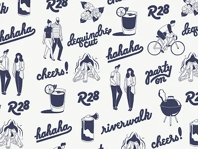 A Repeated Decorative Design characters drawing drinks fire grill illustration pattern plants two color