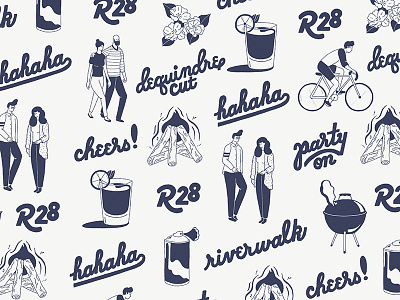A Repeated Decorative Design characters drawing drinks fire grill illustration pattern plants two color