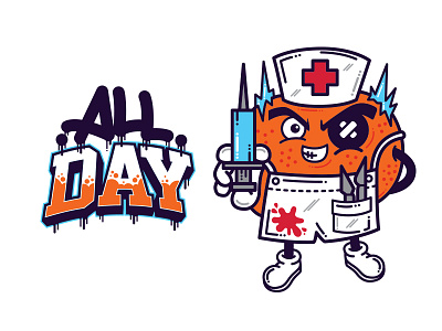 Dr Mandarin - All Day blood chains character draw hands knife mandarin orange syringe vector