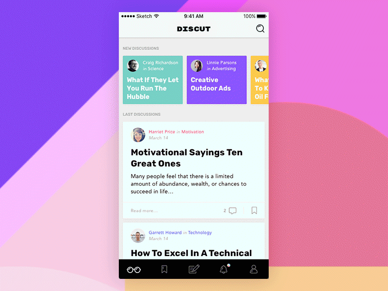 Discussion app animation colorful discussion feed ios navbar principle talk