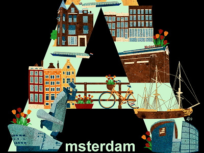 Amsterdam bike city houses illustration netherlands sights town tulips
