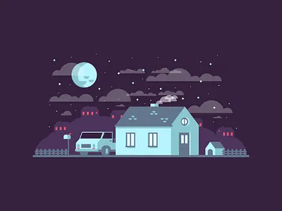 Quiet Night car doghouse flat graphic design hills house illustration moon vista