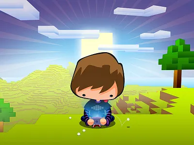 Art Gamer chibi children gamer gaming geek illustration kawaii landscape minecraft nerd pixel vector