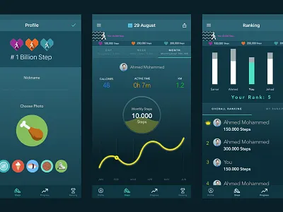1 Billion Step App animated app bar colors flat health icons infographs ios ui ux visual