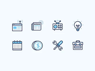 Newsletter Icons blog calendar coin icons light bulb news newsletter radio toolbox tools