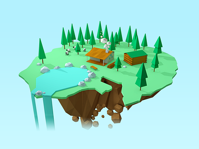 Island 3d green house island sheep stone tree water waterfall