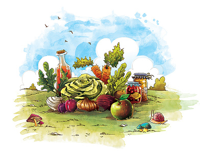 food from the field apple carrot drawing field food fruit illustration mushroom veegies