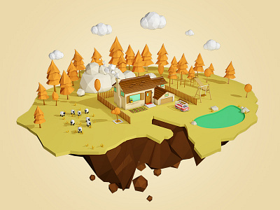 Island 3d autumn house island sheep tree water yellow