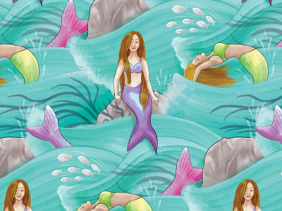 Mermaid Frolic - Fabric Design fabric material mermaid ocean sea surface pattern