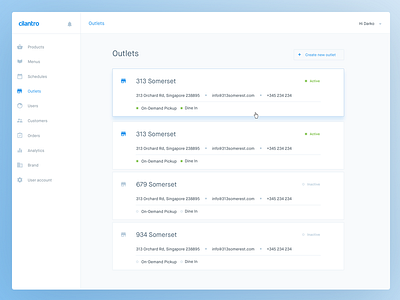 List of Outlets — Cilantro admin backend clean white cms interface design material design pannel recent work rw simple ui ux