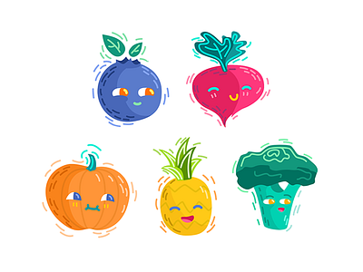 fruit and veg blueberry broccoli flat food fruit healthy icons illustration pineapple pumpkin radish veg vegetables vegeterian