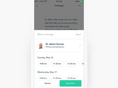 Book an appointment · concept appointment calendar chat health medical mobile modal navigation oscar oscar health ui ux