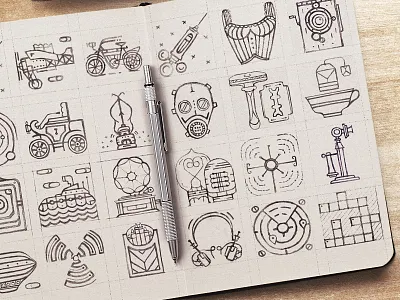 Vintage Icon Set Sketches p2 airplane bicycle car crayons headphones icons oldsmobile sketchbook sketches telephone wip zeppelin
