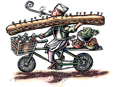 "Calling a Caterer For an Everyday Event" bicycle bike deliver delivery delivery boy illustration invitation lisa haney party sub submarine sandwich