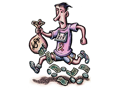 “Cashathon: The Rise of Charity Races” charity charity race donation fund drive illustration lisa haney money race runner scratchboard