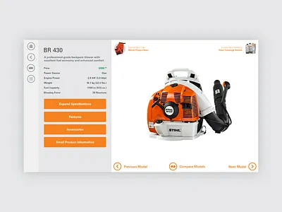 Stihl Edge Touchscreen Kiosk clean equipment kiosk leaf blower minimal orange side menu specifications stihl touchscreen ui ux