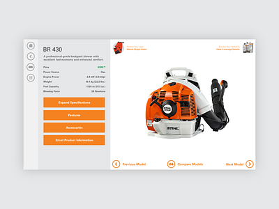Stihl Edge Touchscreen Kiosk clean equipment kiosk leaf blower minimal orange side menu specifications stihl touchscreen ui ux