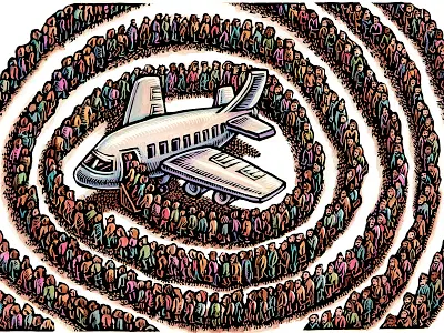 “Buckle In: It’s Going to be a Rough Summer for Flying” airline airlines airplane airport flying illustration lisa haney scratchboard travel