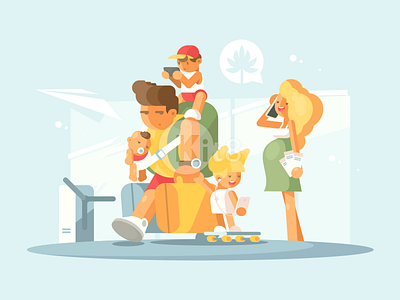 Family At Airport airport departure flat illustration kid kit8 parent plane travel vector