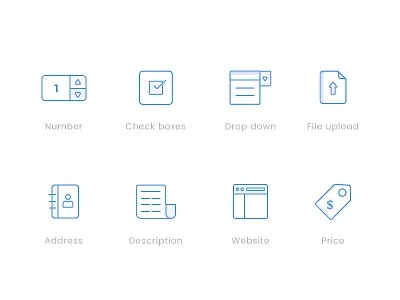 Icons for Dashboard project Part-01 address check box dashboard icon.. description drop down file upload icon set icons illustration number price website icon