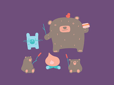 Camp Out bear camp fire freehand hot dog illustration rabbit vector