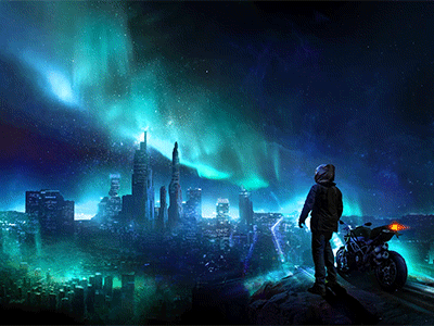 Skylines aurora bike biker blue city gif sky skylines video wallpaper