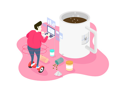 Coffee Settings 3d character coffee hoverboard illustration isometric isometric illustration laptop