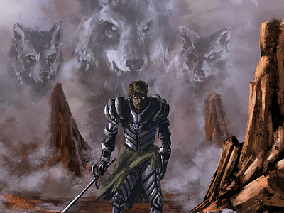 Wolf Council art concept digital knight landscape painting rocks sword warrior wolf wolves