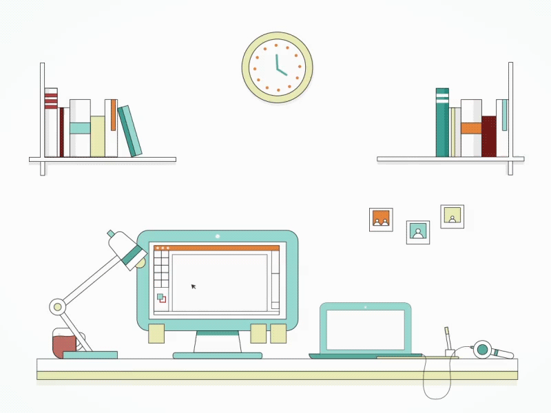 Workspace 2d computer desk illustration lamp motion