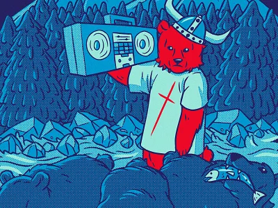 Red Bear bear boombox fish forest halftones hiphop mountain river tree viking