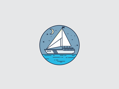 Sailaway blue boat line art lineart moon night sail sailing sea stars