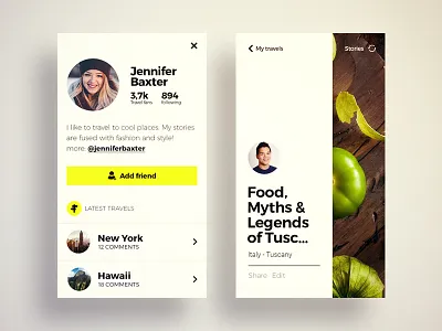 Profile screen app blog clean design flat iphone mobile modern profile travel ui ux
