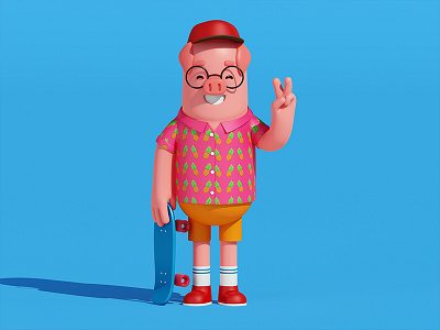 3 Teenage Pigs 3d bacon c4d character cinema4d food fun illustration pig skater