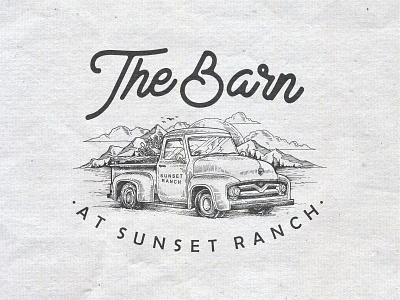 The Barn car drawing engraved illustration rustic vintage wedding