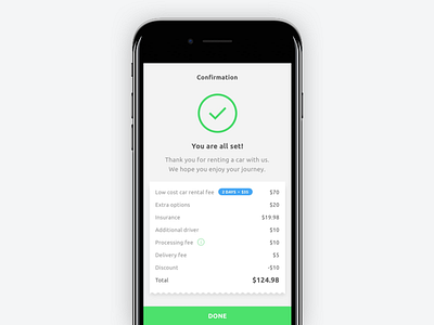 Car rental confirmation checkout confirmation green list rental