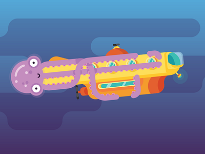 Submarine with a friend animation donuts flat illustration octopus submarine vector water